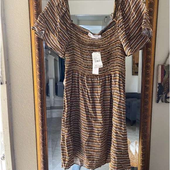 All in Favor Shirred Stripe Baby Dress , Size M - Camel Mult at Nordstrom Rack
